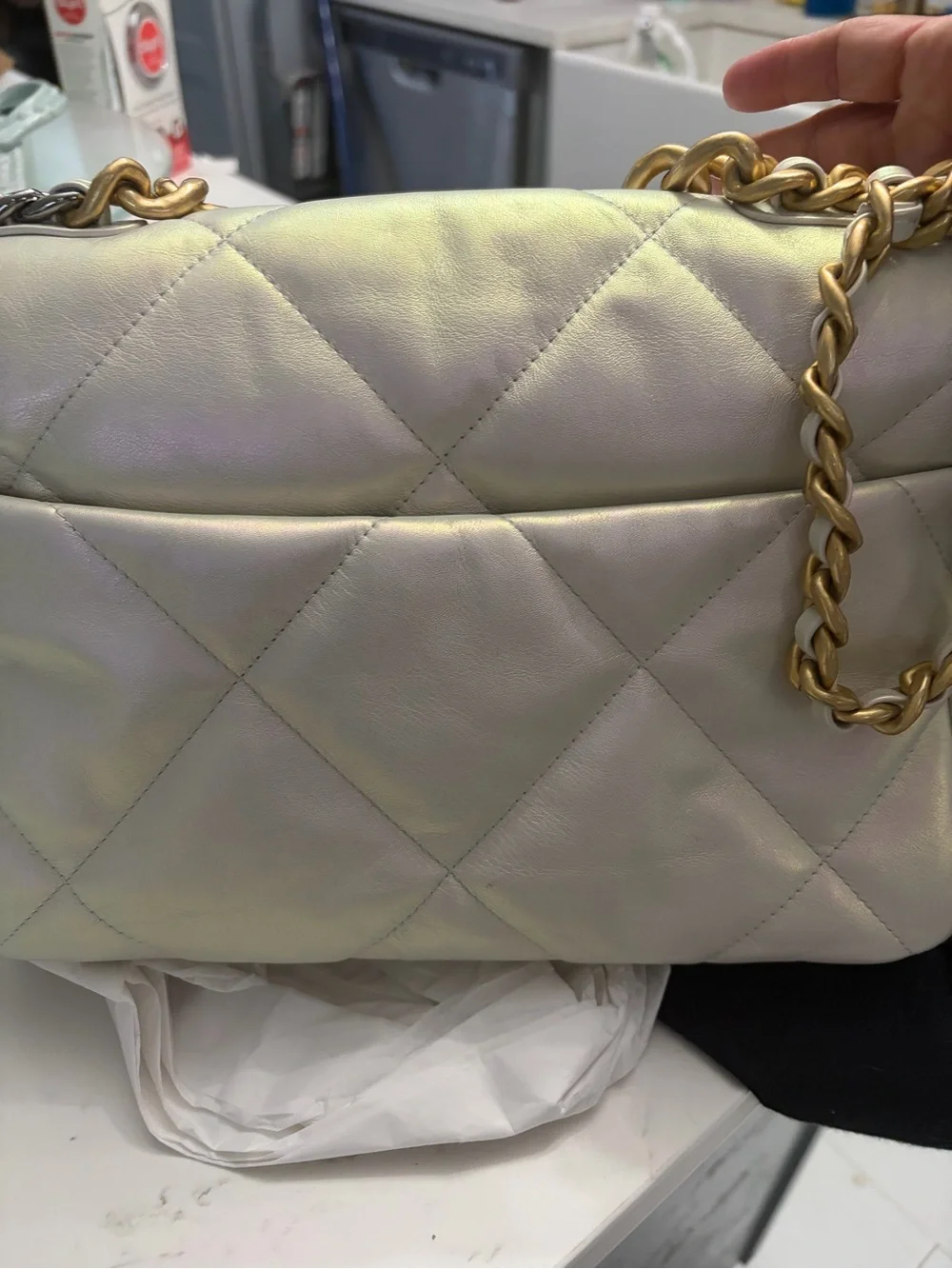 Authentic Chanel 19 Flap Bag Medium – Iridescent White Pearlescent Calfskin